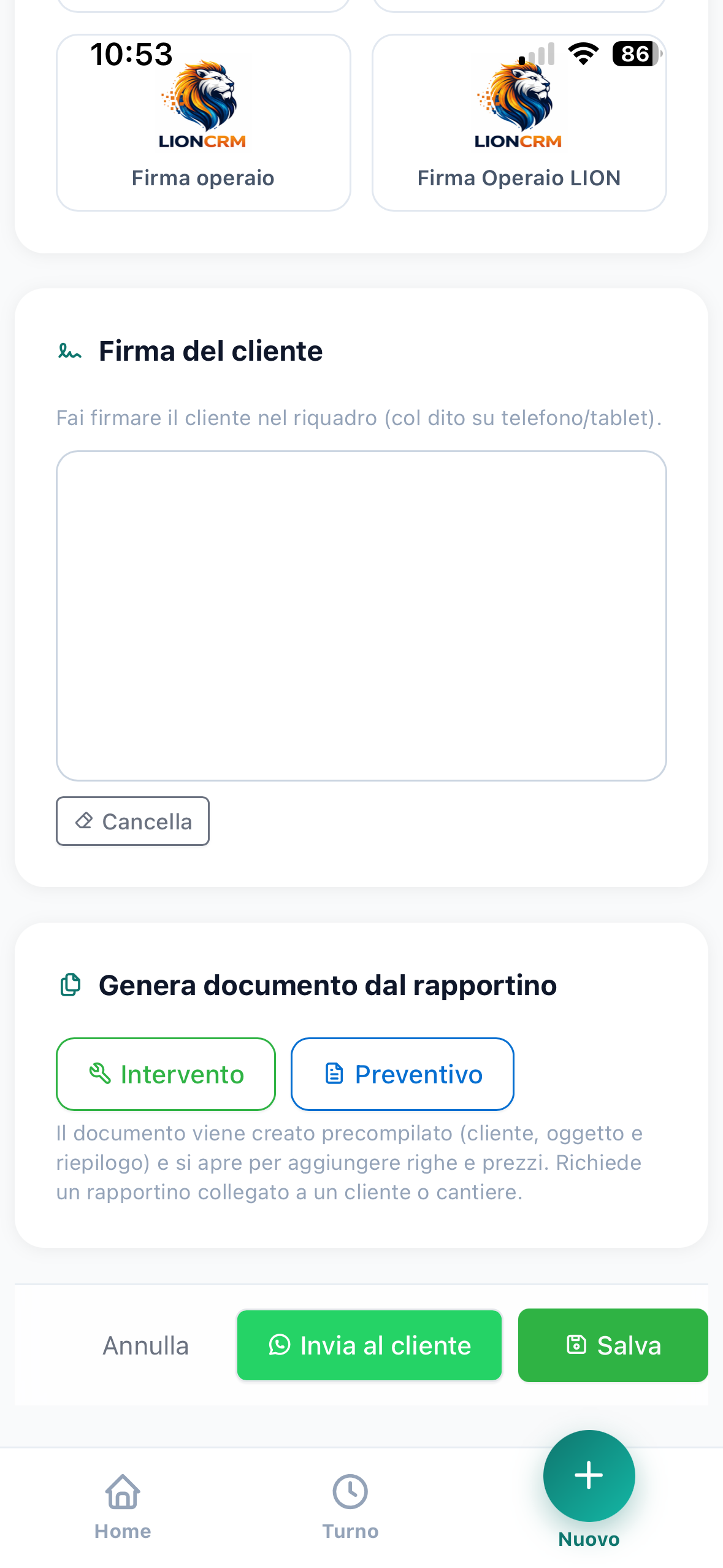 Firma cliente e generazione documento nell'app Lion