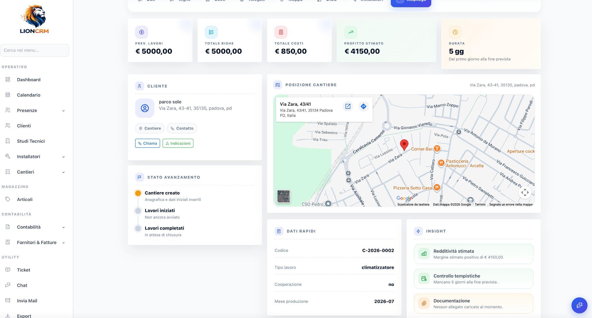Scheda cantiere Lion Imprese con mappa, cliente, avanzamento e dati economici