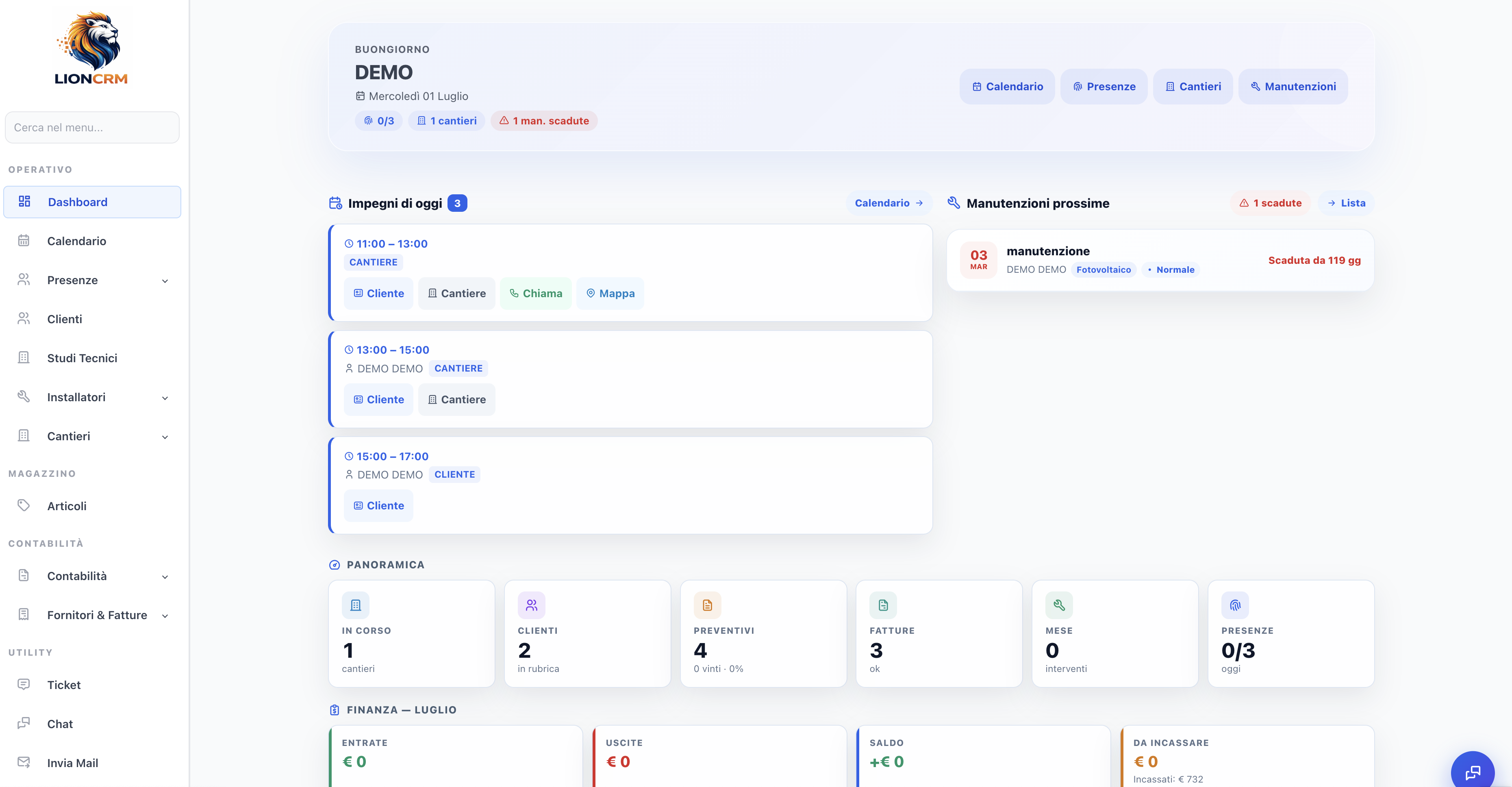 Dashboard Lion con impegni, manutenzioni e panoramica
